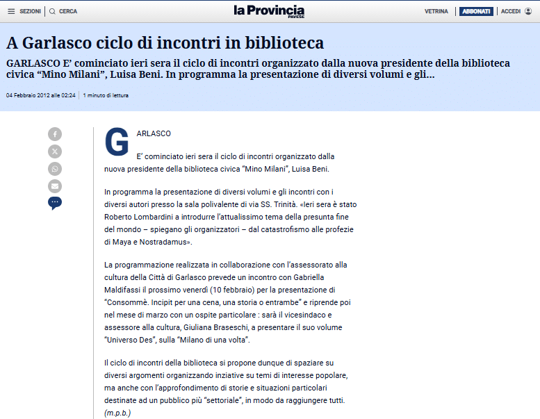 Libro Consommè – Incipit per una cena, una storia o per entrambe di Gabriella Maldifassi e Universo Des di Giuliana Braseschi Dallera - presentazione. Articolo su La Provincia Pavese