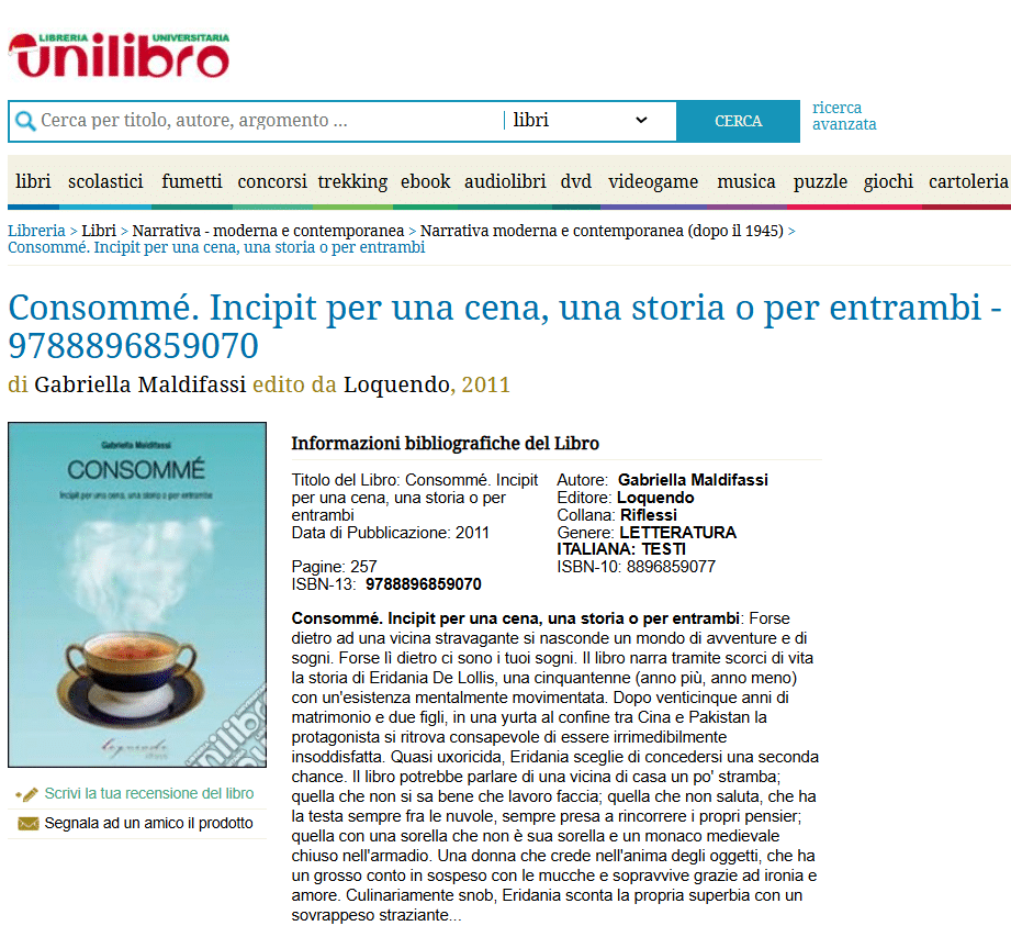 Libro Consommè – Incipit per una cena, una storia o per entrambe di Gabriella Maldifassi su Unilibro