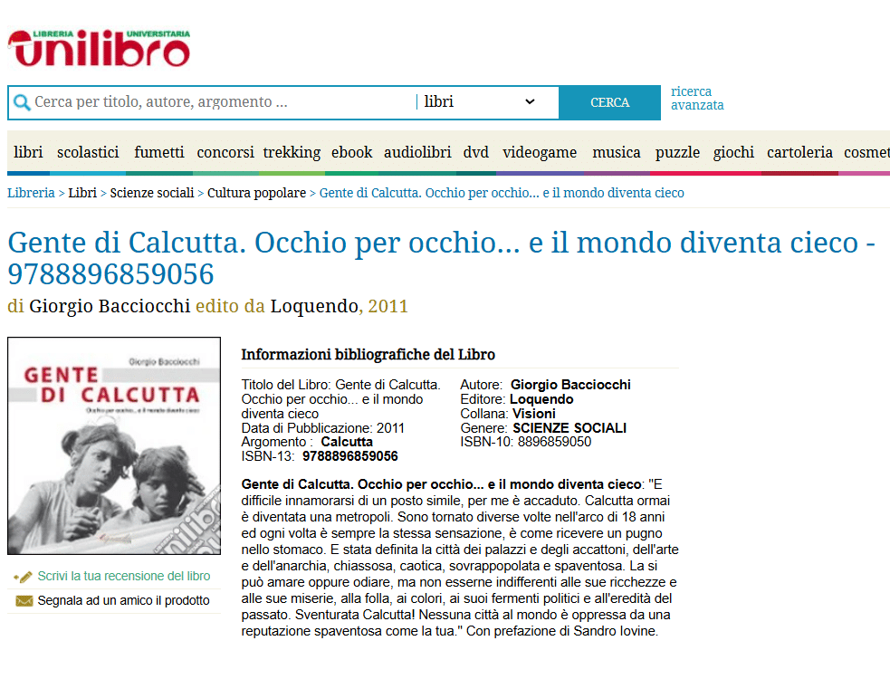 Libro Gente di Calcutta. Occhio per occhio... e il mondo diventa cieco di Giorgio Bacciocchi, su Unilibro