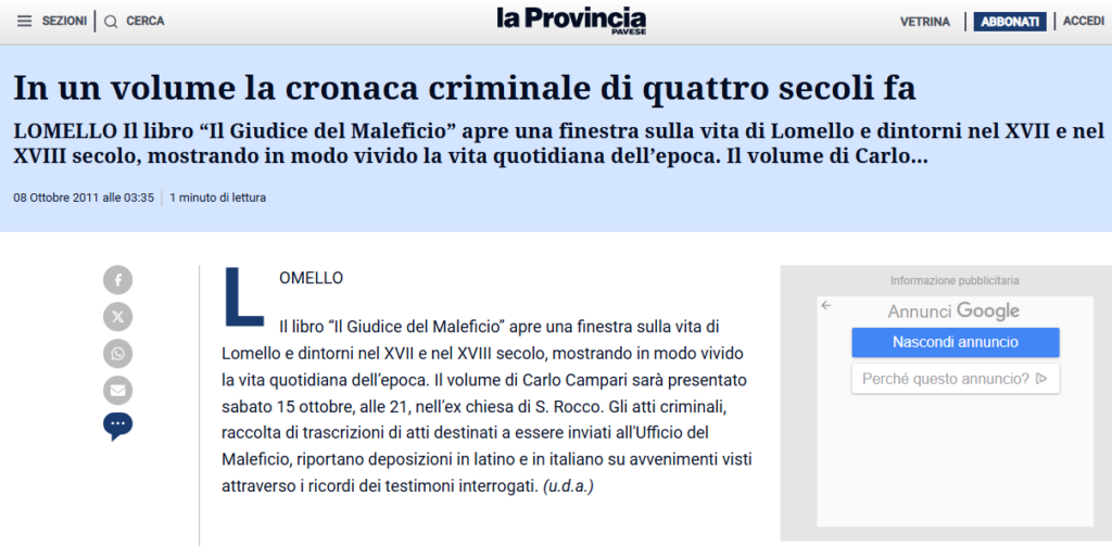 Libro Il giudice del maleficio di Carlo Campari su La Provincia Pavese