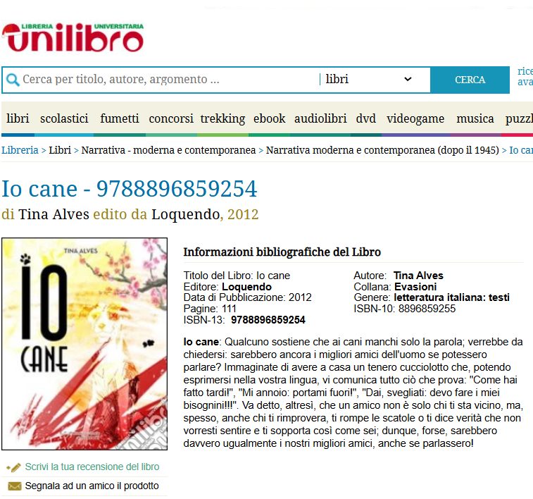 Libro Io Cane, di Tina Alves su Unilibro
