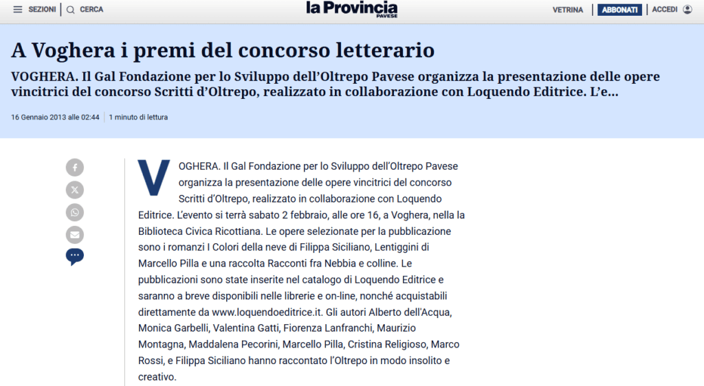 Concorso letterario Scritti d'Oltrepò su La Provincia Pavese