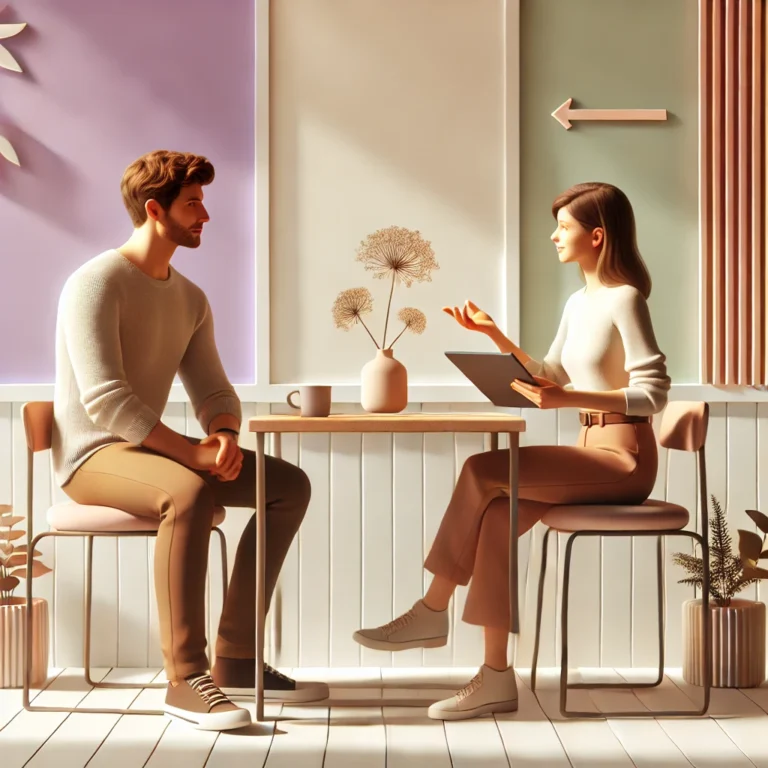 Incontro tra un cliente e una professionista esterna che lo ascolta per creare una strategia per migliorare la comunicazione aziendale con autenticità.