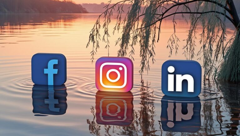 Illustrazione raffigurante le icone stilizzate di Facebook, Instagram e LinkedIn galleggianti su un lago al tramonto, con riflessi nell'acqua e rami di salice. L'immagine evoca equilibrio, autenticità e connessione, in linea con l'importanza dei contenuti testuali sui social network.