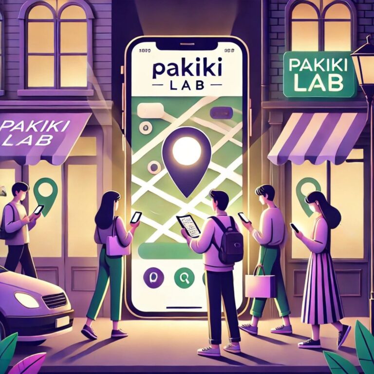 Illustrazione che rappresenta l'importanza della SEO: un gruppo di persone con mappe e smartphone scopre un negozio nascosto reso visibile da un'insegna luminosa, simbolo della visibilità online e dell'ottimizzazione per i motori di ricerca.