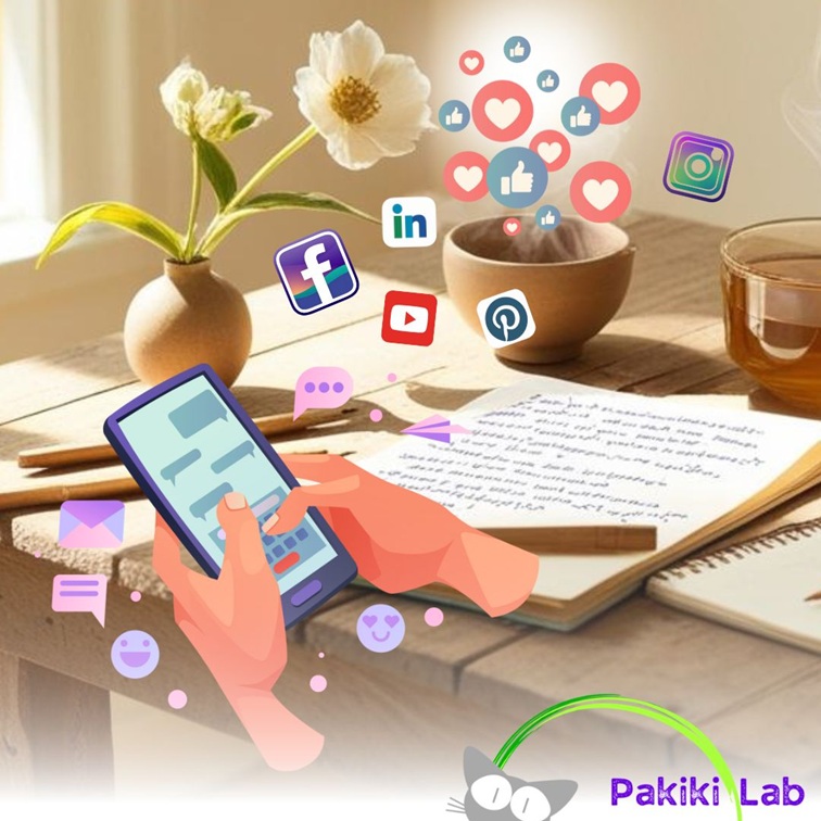 Come scegliere i social network migliori per la tua attività. Illustrazione creativa con un cellulare e icone dei principali social network (Facebook, LinkedIn, YouTube, Pinterest e Instagram) che emergono da uno sfondo accogliente, con taccuino, tè e decorazioni naturali. Ideale per rappresentare l'importanza della scelta dei social network per la tua attività.