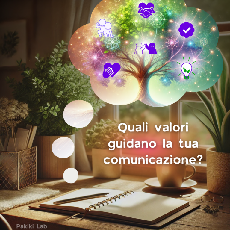 Etica nel marketing e nella comunicazione. Illustrazione raffigurante una scrivania accogliente con un taccuino aperto e piante verdi vicino a una finestra illuminata dal sole. Sopra la scrivania si sviluppa una nuvola colorata a forma di albero con simboli che rappresentano valori come empatia, collaborazione, etica, innovazione e sostenibilità. In basso a destra, una frase recita: 'Quali valori guidano la tua comunicazione?' con il logo di Pakiki Lab nell'angolo.