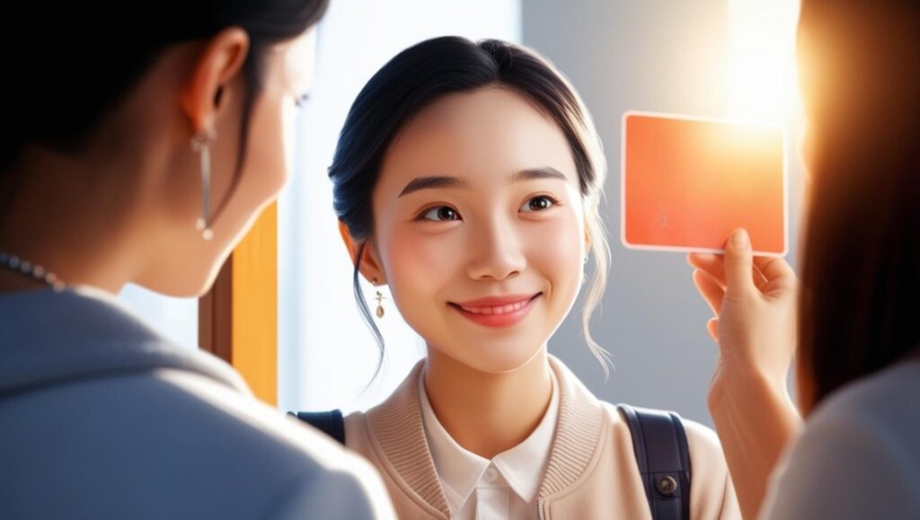 Una giovane donna sorride mentre interagisce con un'altra persona che le mostra una scheda colorata. La scena trasmette empatia e connessione, evidenziando l'importanza di una comunicazione empatica nel creare fiducia e coinvolgimento con il pubblico.