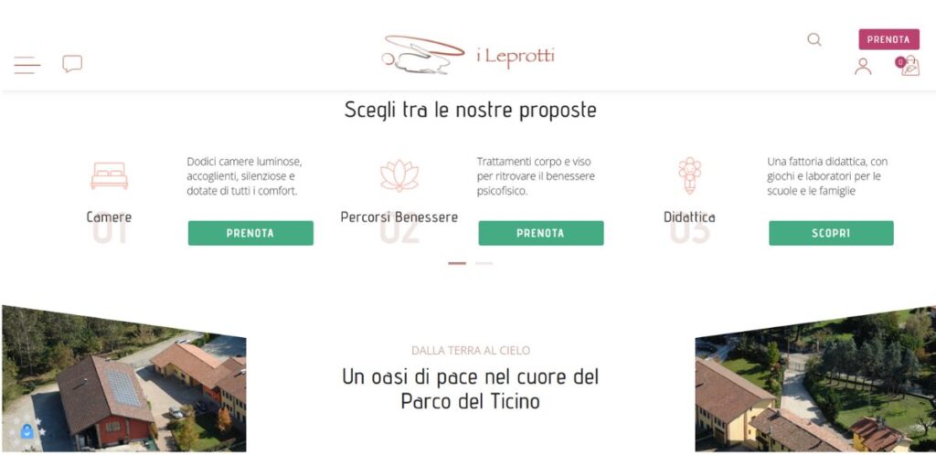 Schermata del sito web dell’Agriturismo I Leprotti, con le proposte camere, percorsi benessere e didattica nel cuore del Parco del Ticino – progetto di copywriting per valorizzare esperienze autentiche e accoglienti.