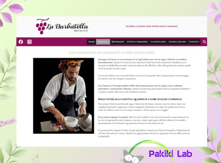 Screenshot della pagina riguardante Chef Luca Sanchetta, con fotografie di in cucina al ristorante La Barbatella.
