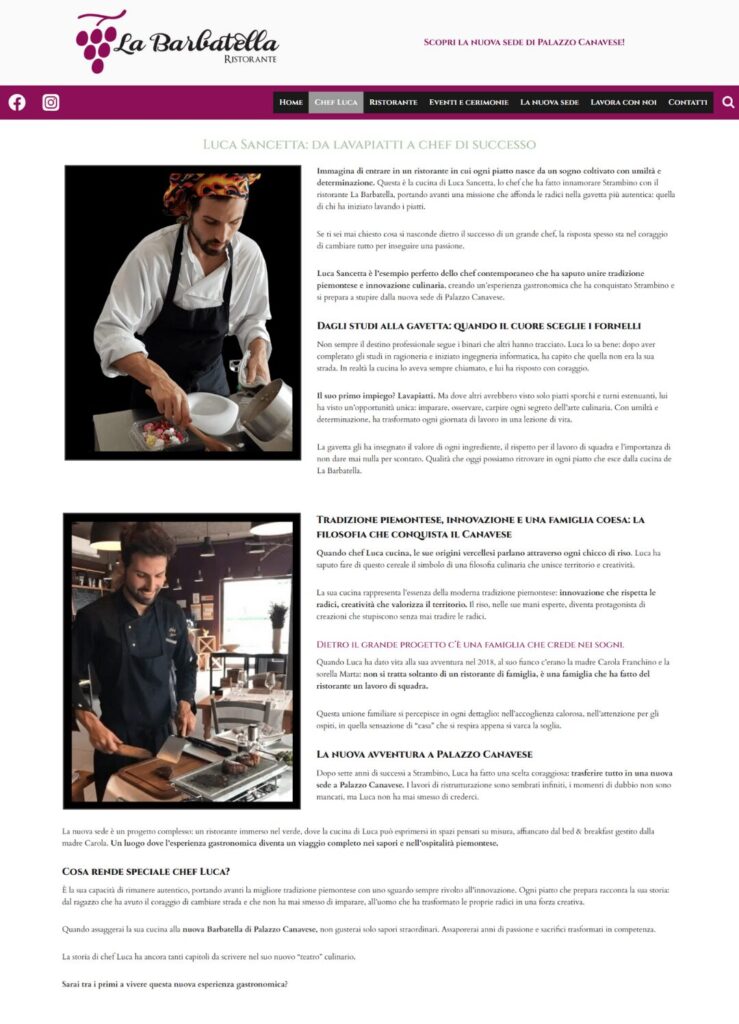 Screenshot della pagina riguardante Chef Luca Sanchetta, con fotografie di  in cucina al ristorante La Barbatella.