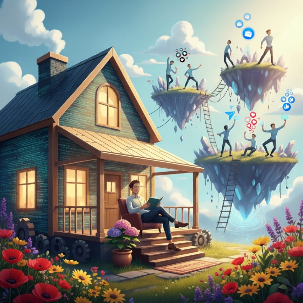 Immagine puramente decorativa: "conviene avere un sito web oggi?".
L'immagine mostra un sito web come una casa solida e ben costruita, accogliente, luminosa e solare, mentre i social media sono rappresentati da piattaforme fluttuanti instabili. Le persone sulle isole social cercano di mettersi in mostra, mentre la persona che abita la casa è tranquilla e rilassata.