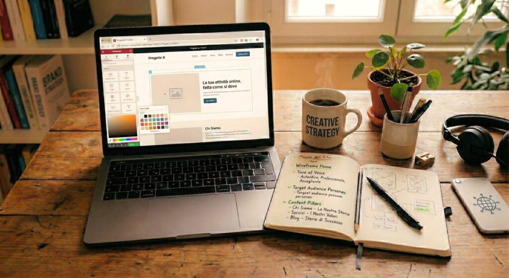 Scrivania con laptop aperto sulla realizzazione di un sito web professionale, taccuino con mappa del sito e tazza creative strategy