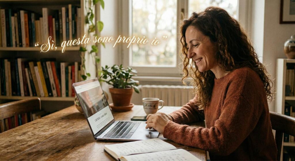 Donna che legge soddisfatta i testi per siti web scritti da una copywriter freelance