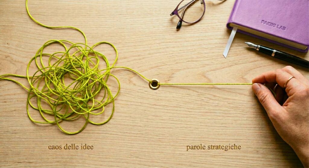 Filo aggrovigliato che si trasforma in linea retta: dal caos delle idee alle parole strategiche con Pakiki Lab